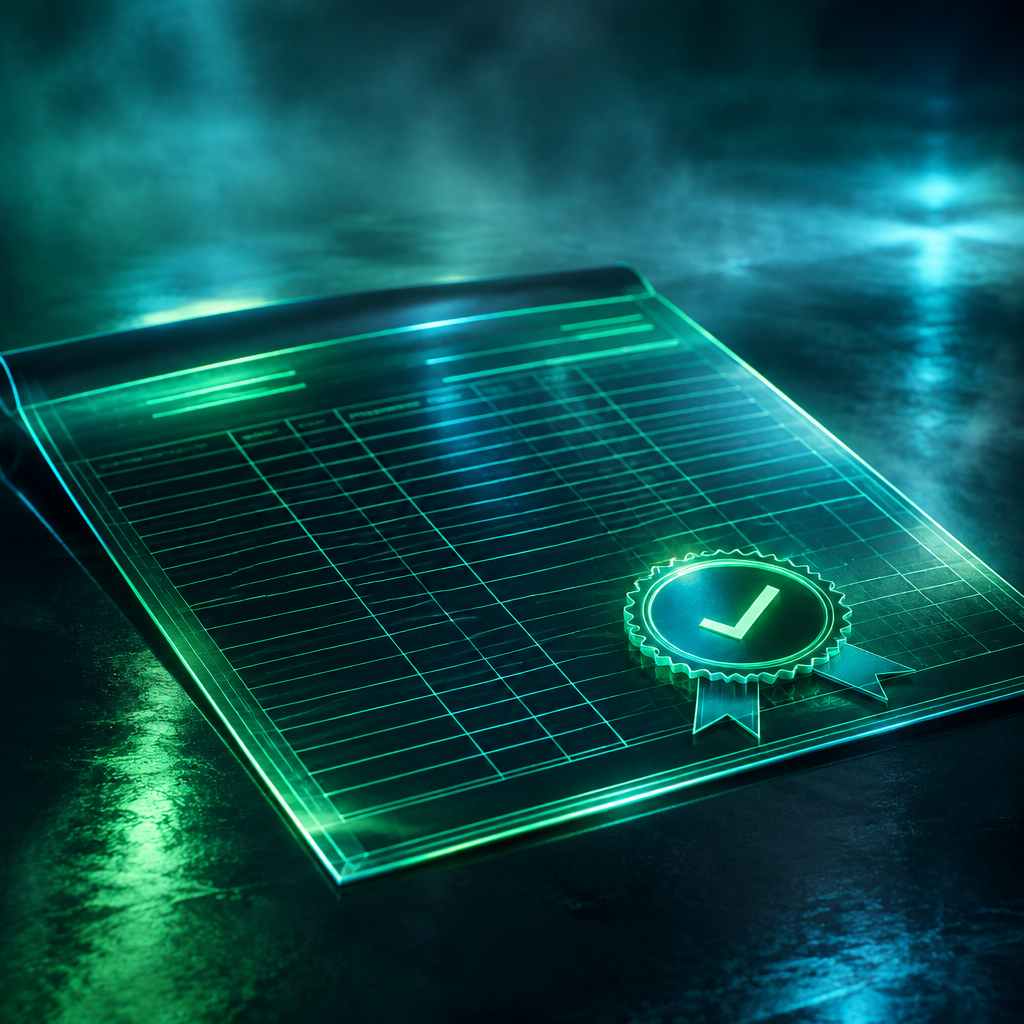 Glowing digital tax form with a checkmark seal